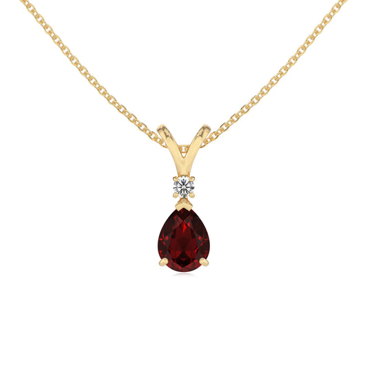 natural garnet pear solitaire v-bale necklaces in yellow gold