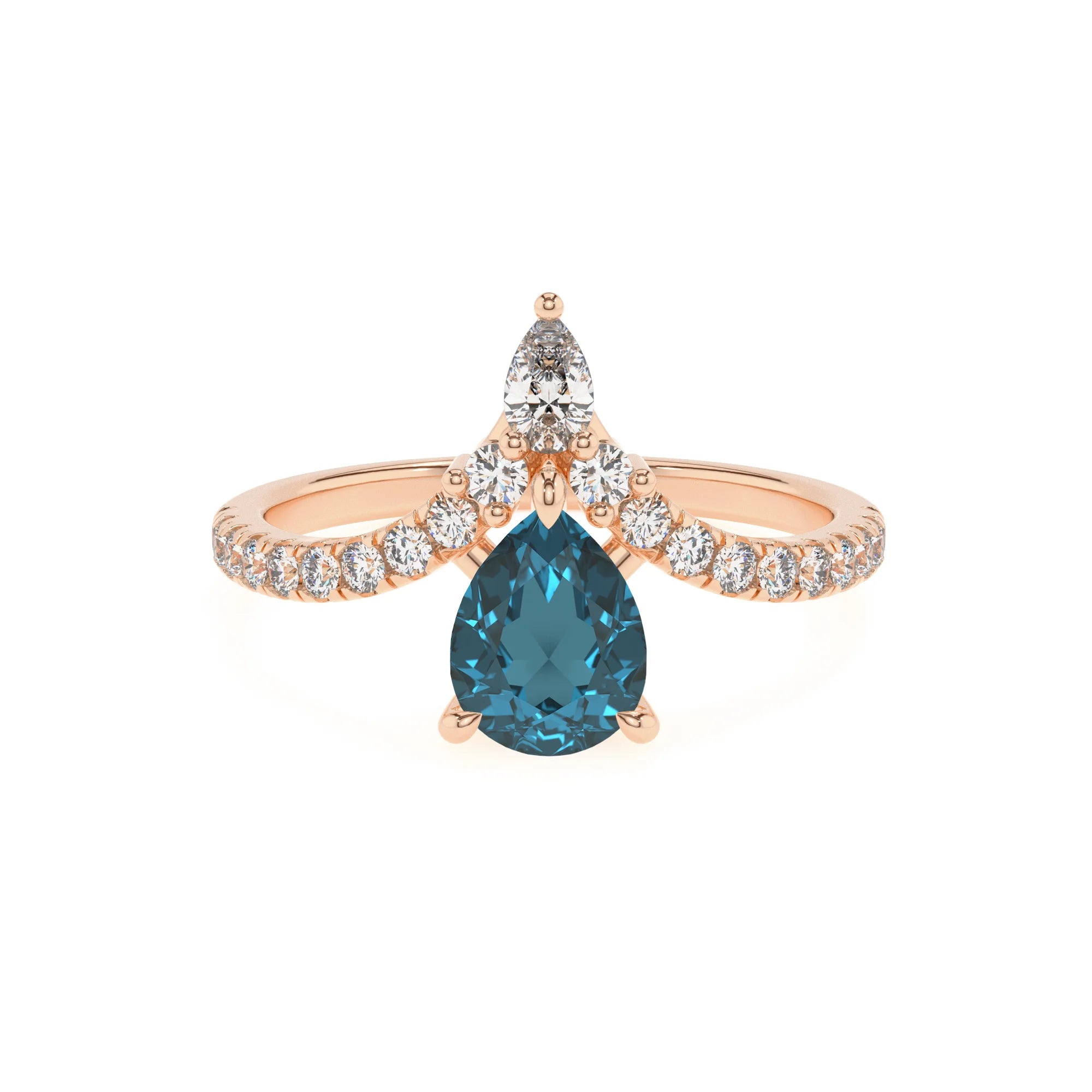 natural london-blue-topaz pear solitaire rings in rose gold