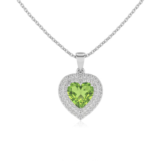natural peridot heart halo necklaces in white gold
