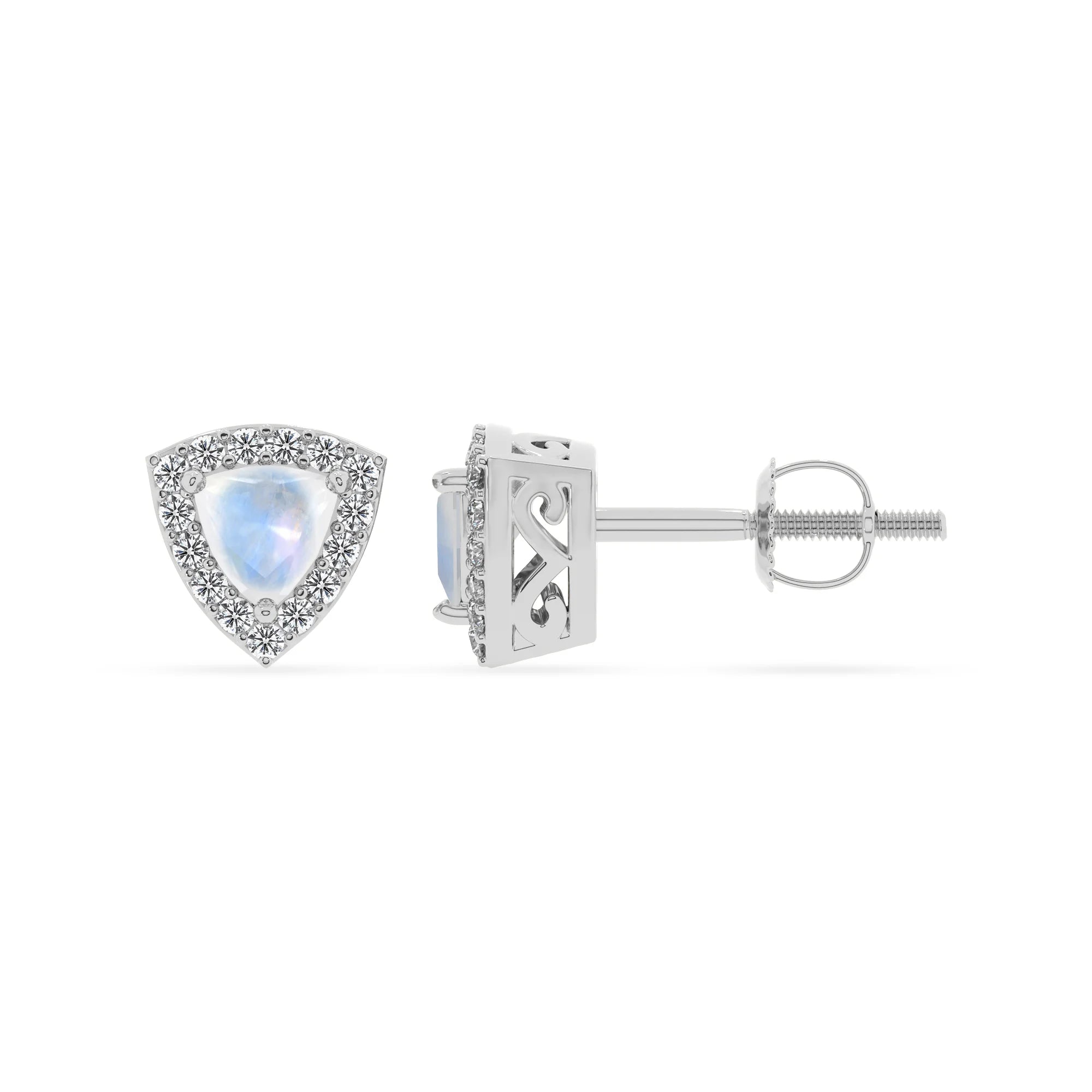 natural rainbow moonstone trillion stud earrings in sterling silver