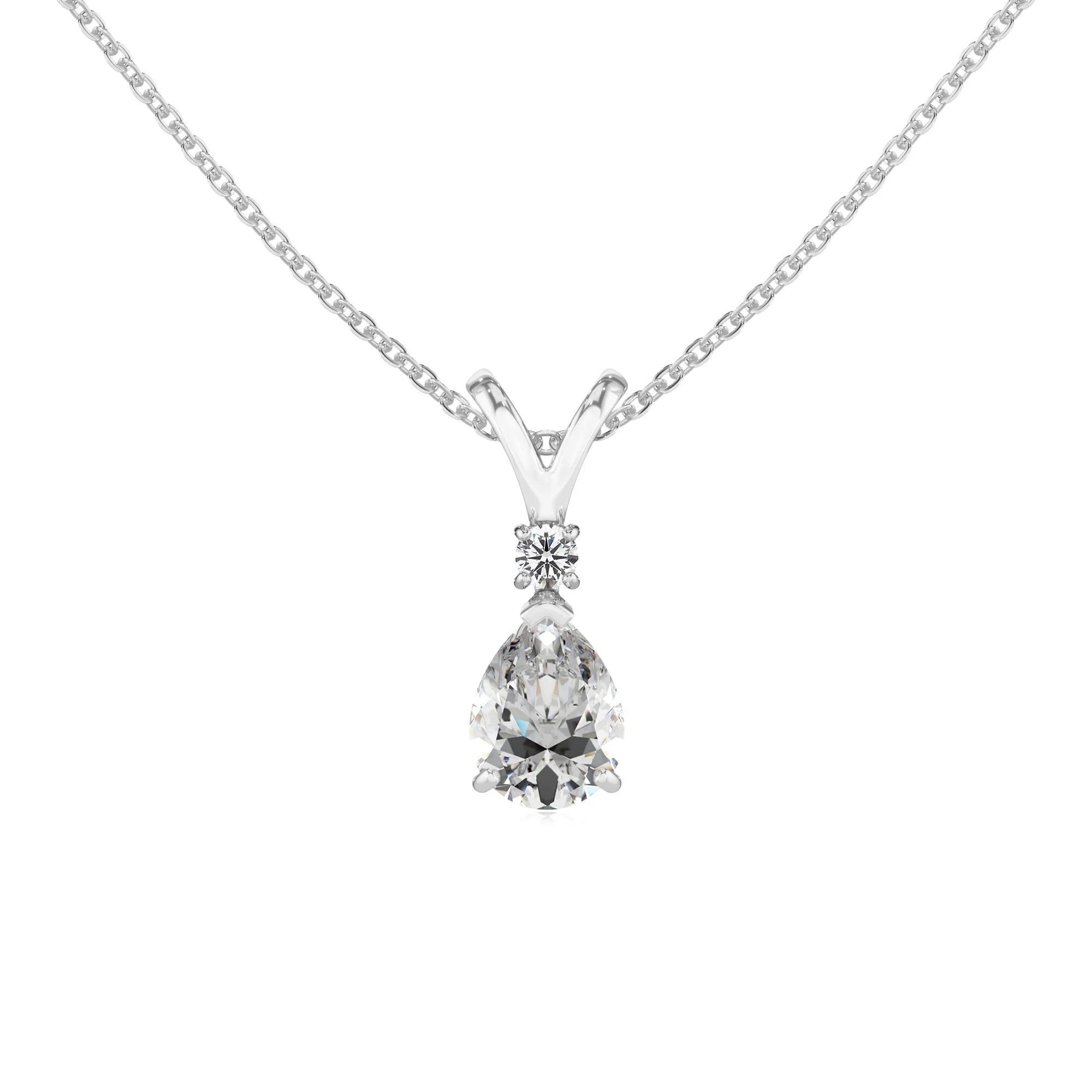 lab grown moissanite pear solitaire v-bale necklaces in sterling silver