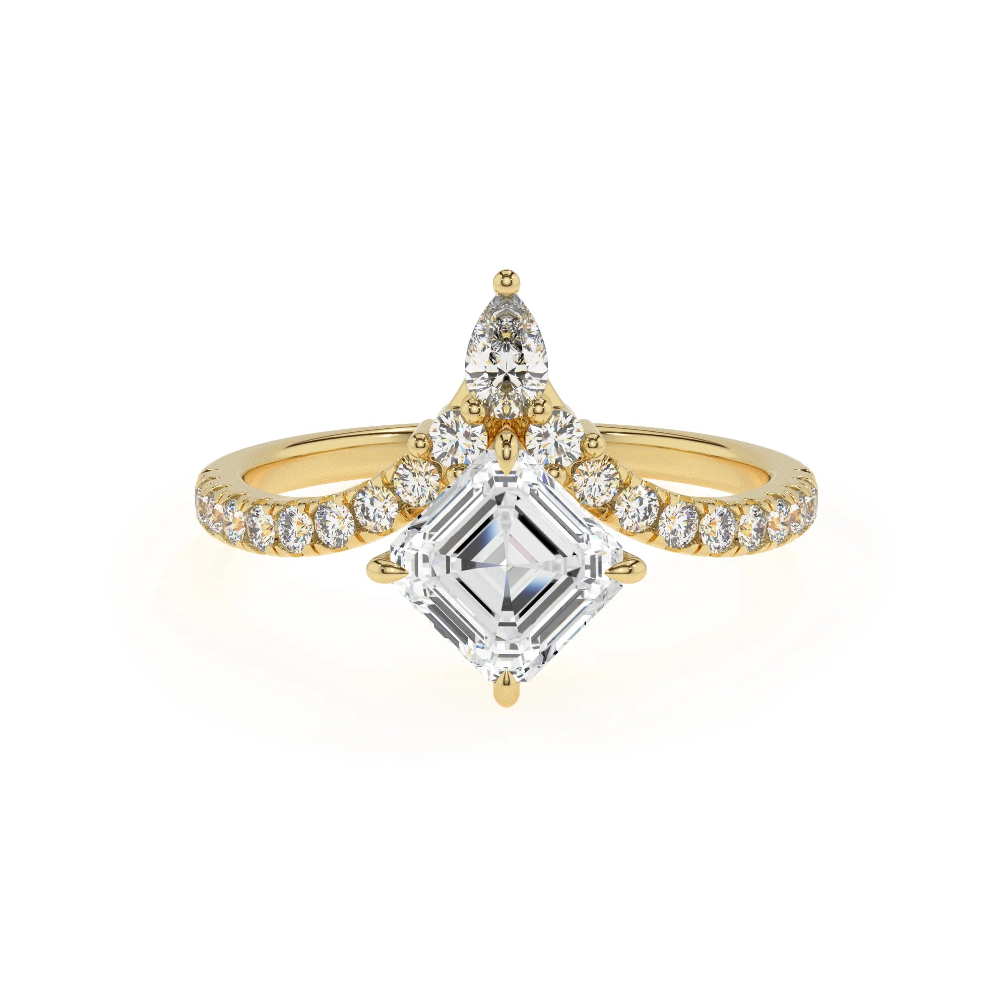 lab grown moissanite asscher solitaire rings in yellow gold