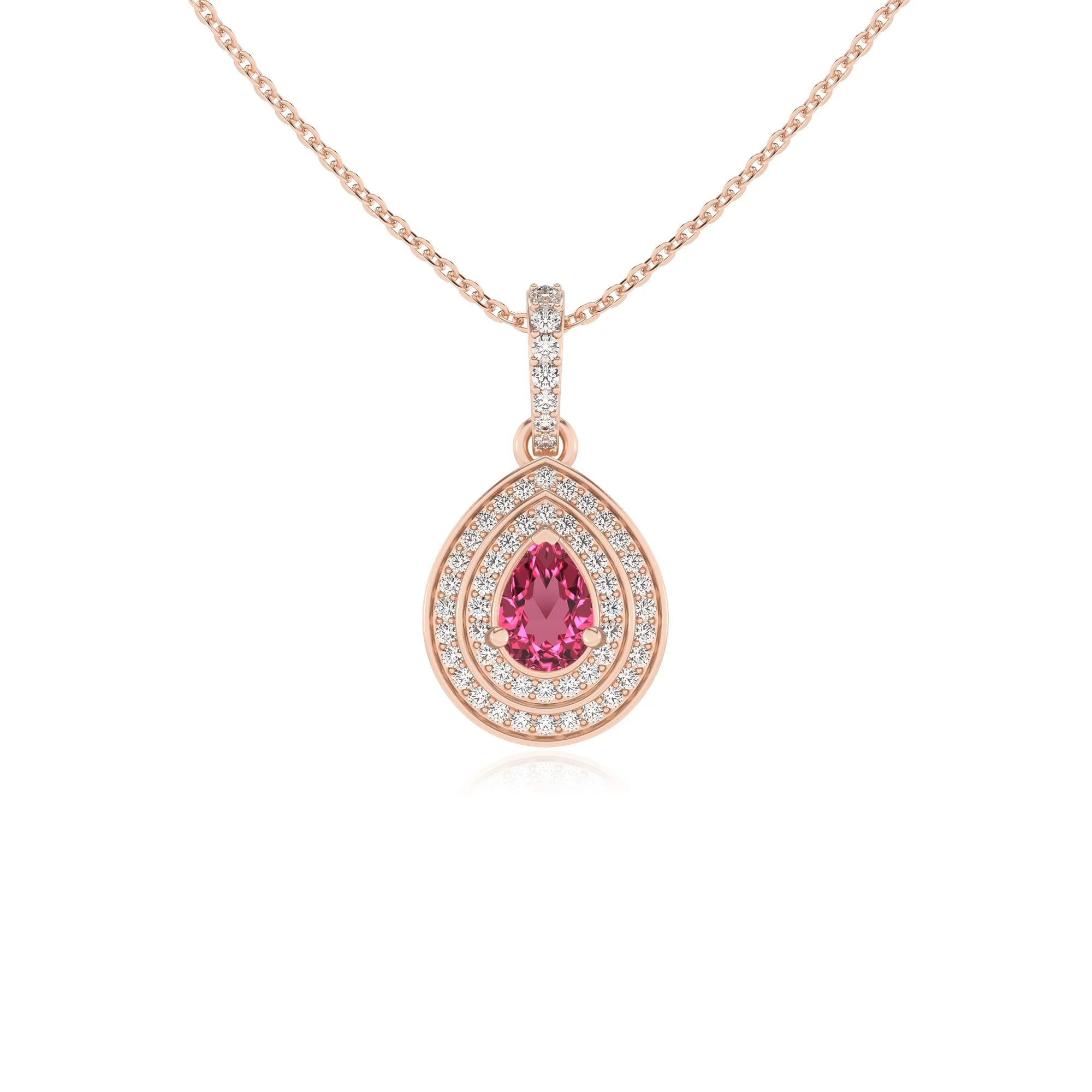 lab grown pink-tourmaline pear halo necklaces in rose gold