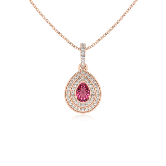 lab grown pink-tourmaline pear halo necklaces in rose gold