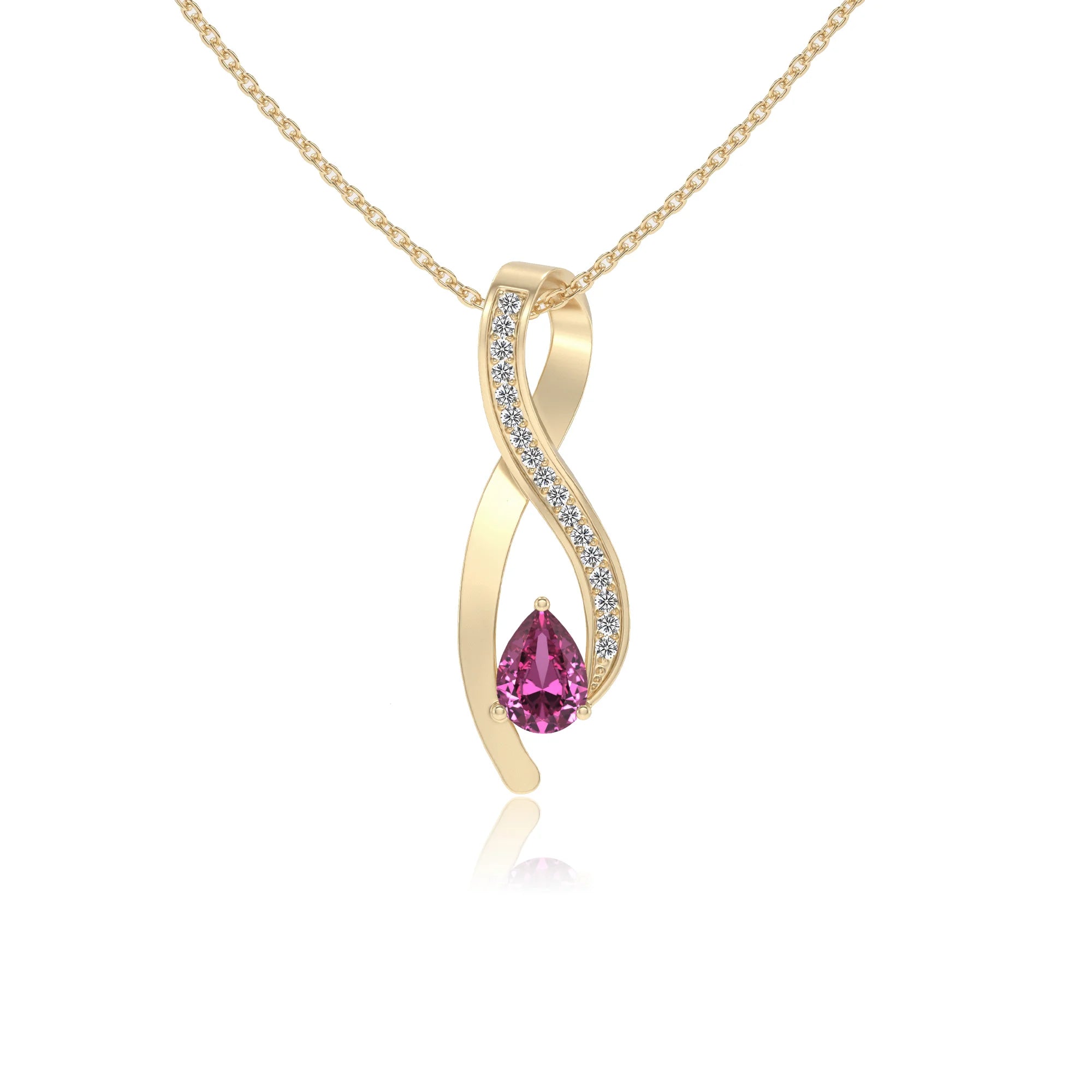 lab grown pink-sapphire pear solitaire necklaces in yellow gold