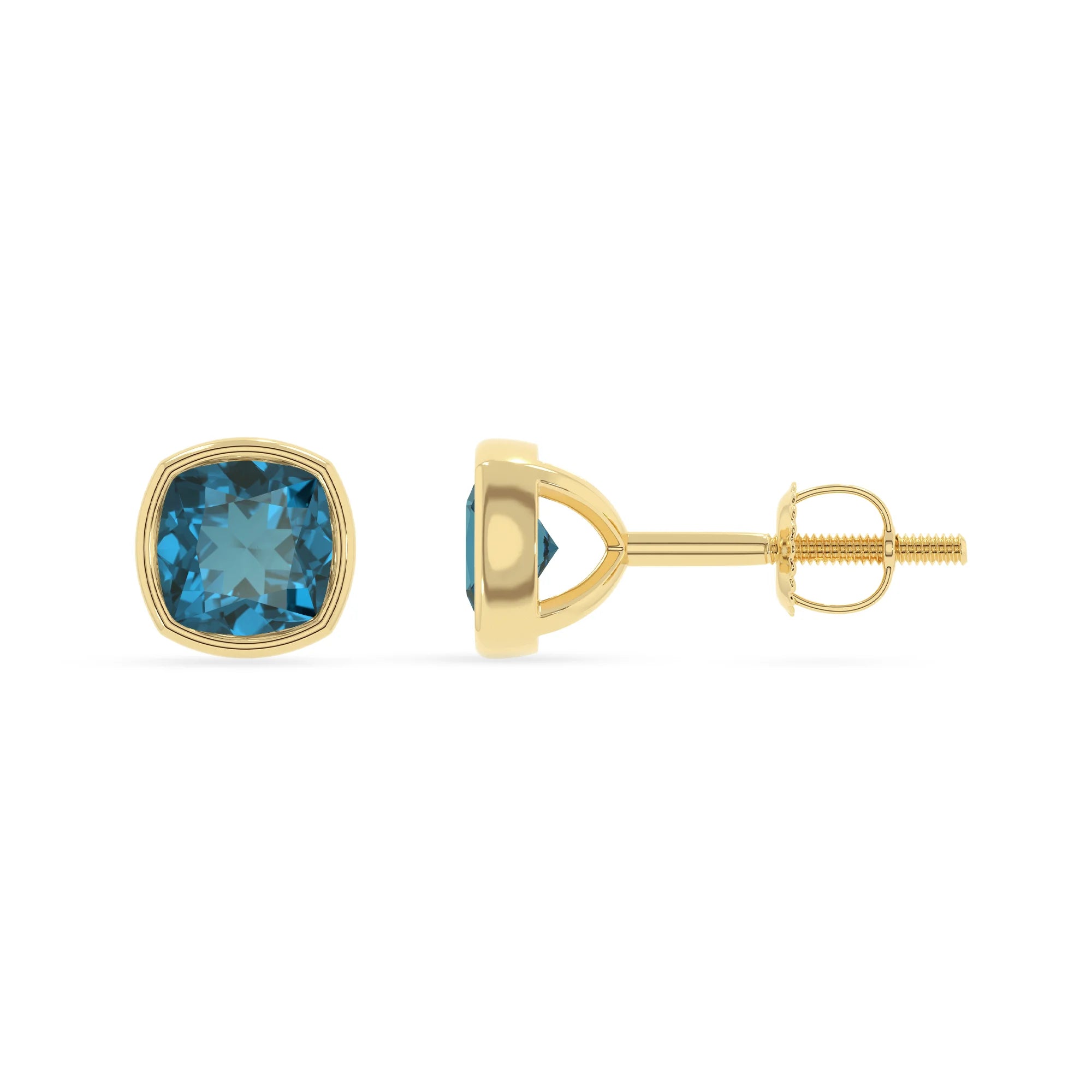 natural london blue topaz cushion stud earrings in yellow gold