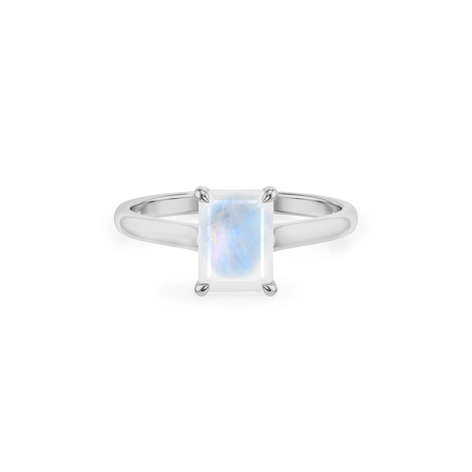 natural rainbow-moonstone emerald cut solitaire rings in white gold