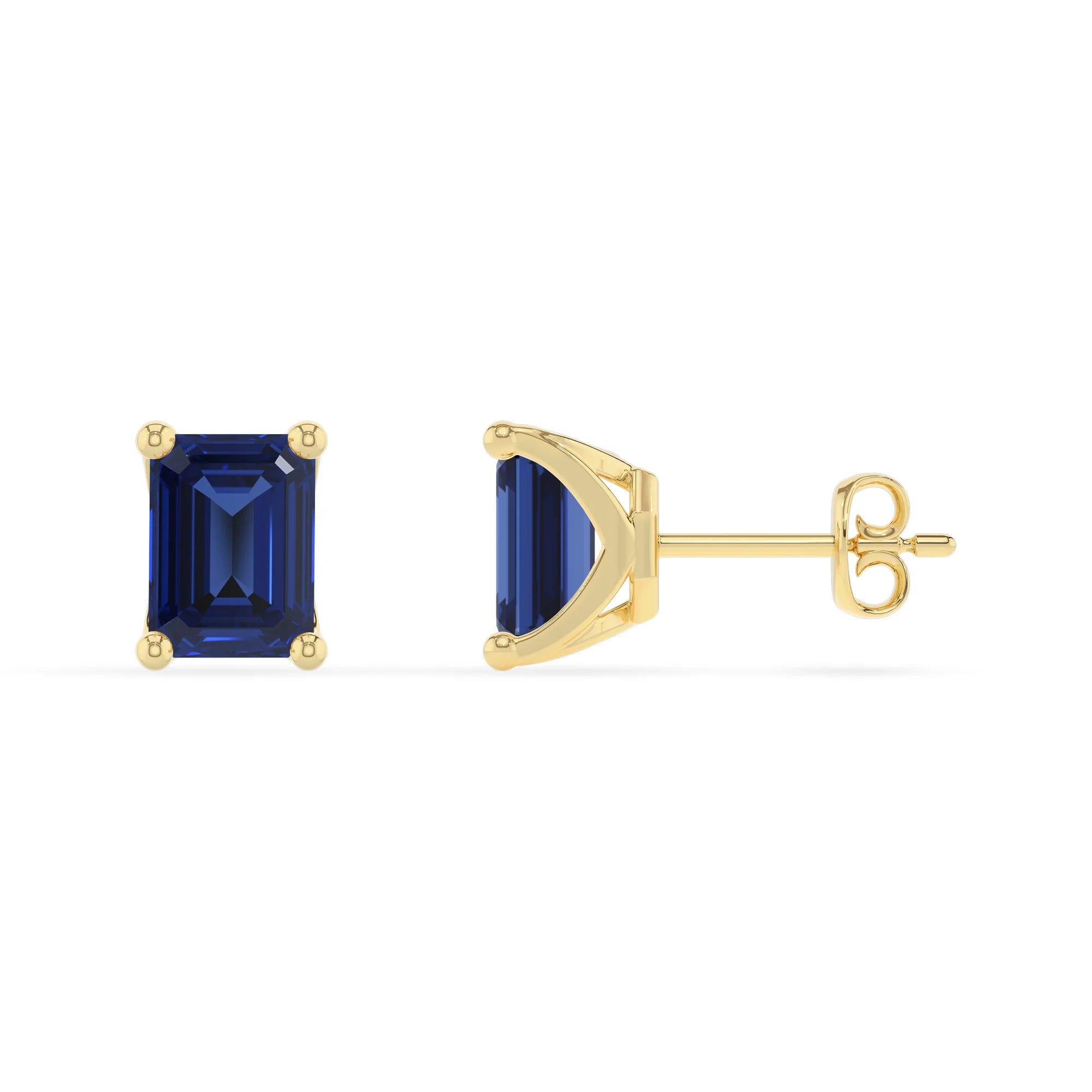 lab grown blue sapphire emerald cut stud earrings in yellow gold