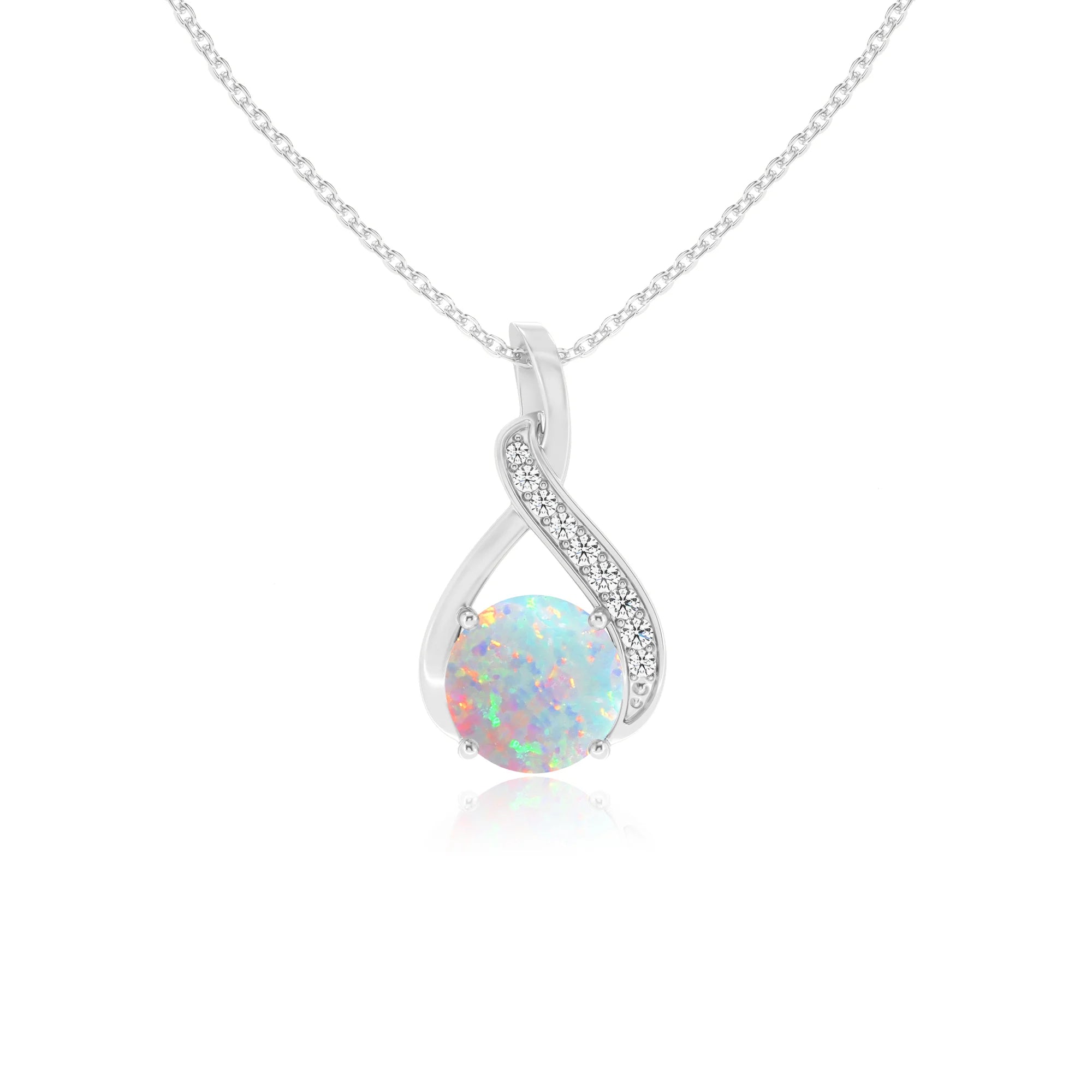 lab grown opal round solitaire necklaces in platinum