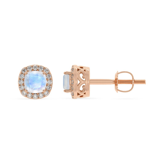 natural rainbow moonstone cushion stud earrings in rose gold