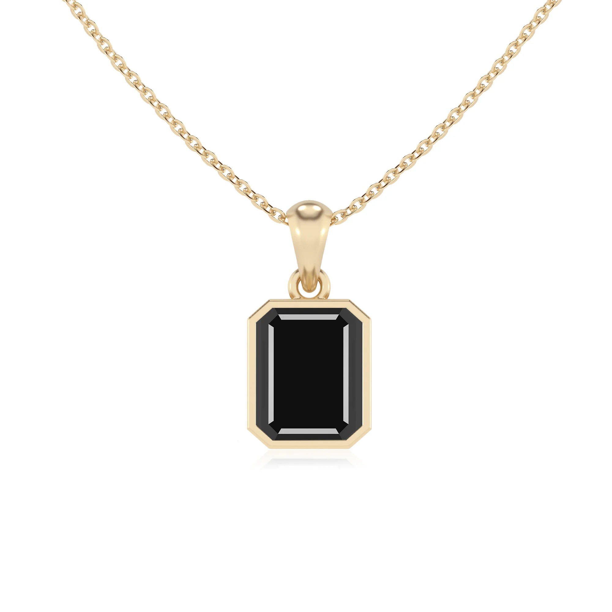 natural black-onyx emerald cut solitaire necklaces in yellow gold