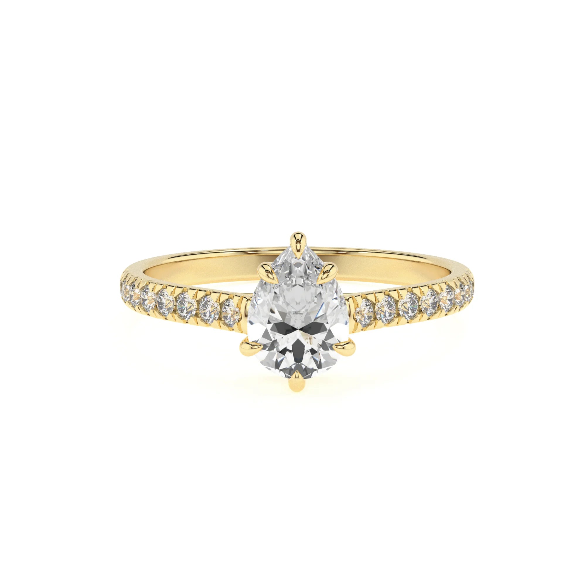 lab grown moissanite pear half eternity solitaire engagement rings in yellow gold