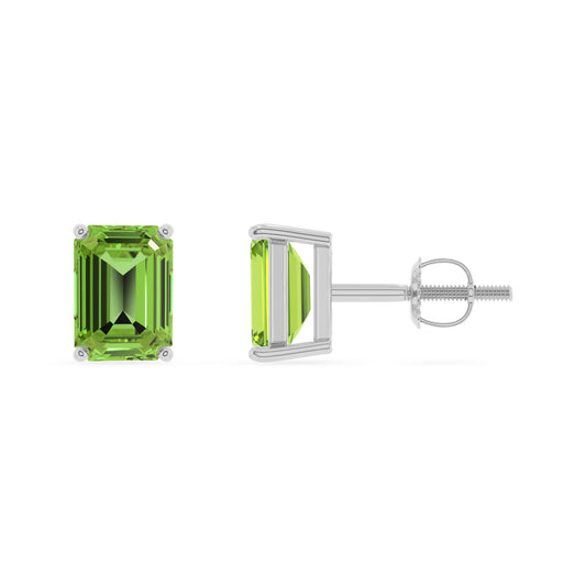 natural peridot emerald cut stud earrings in platinum