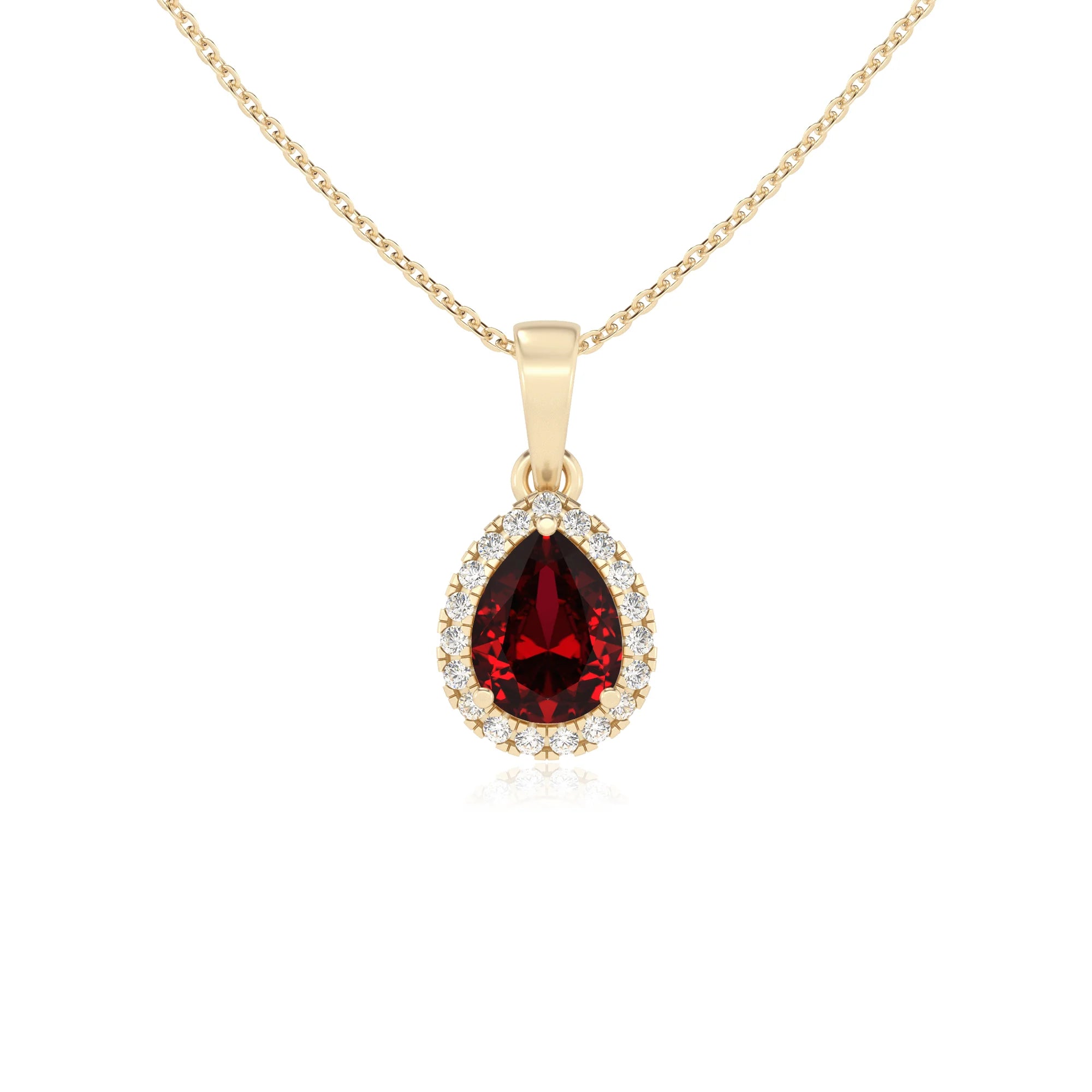 lab grown ruby pear solitaire necklaces in yellow gold