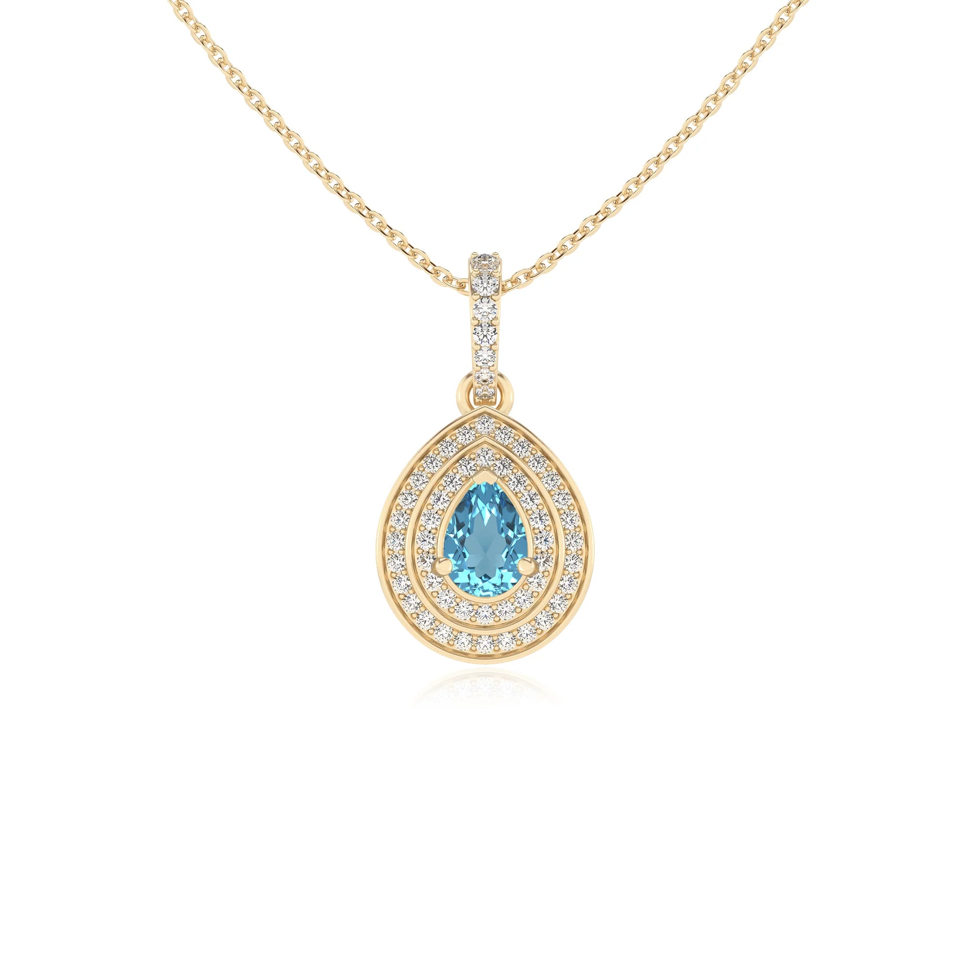 natural swiss-blue-topaz pear halo necklaces in yellow gold