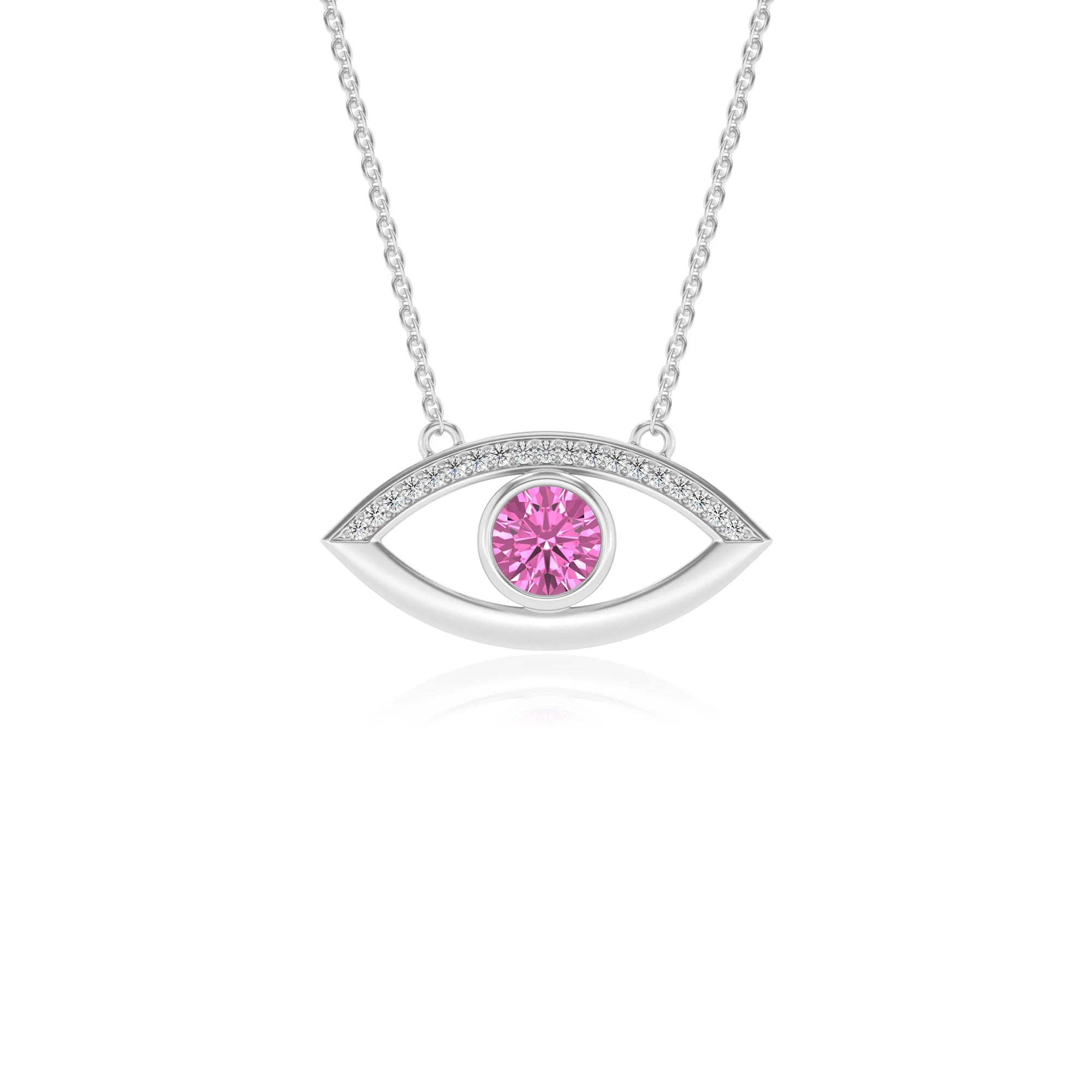 lab grown pink-sapphire round solitaire necklaces in white gold