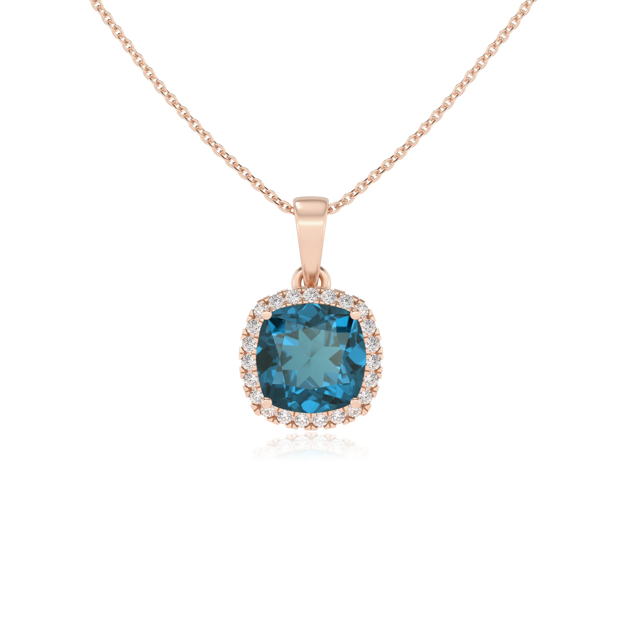 natural london-blue-topaz cushion solitaire necklaces in rose gold