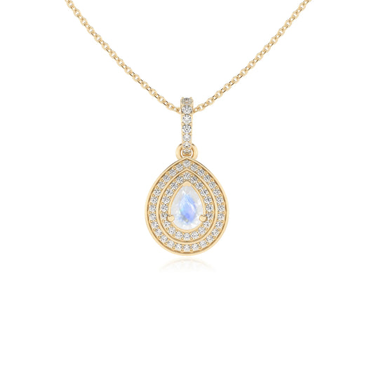natural rainbow-moonstone pear halo necklaces in yellow gold