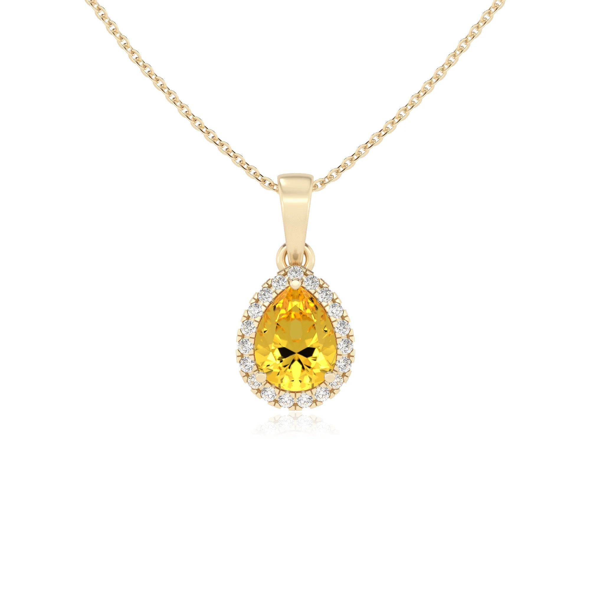 lab grown yellow-sapphire pear solitaire necklaces in yellow gold