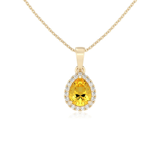 lab grown yellow-sapphire pear solitaire necklaces in yellow gold