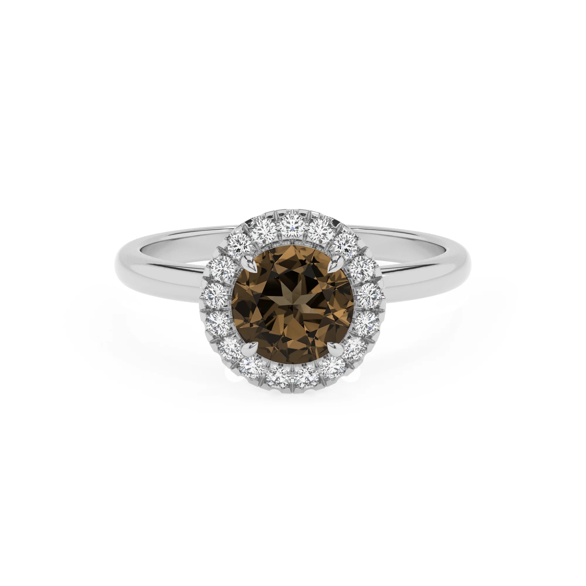 natural smoky-quartz round solitaire rings in white gold