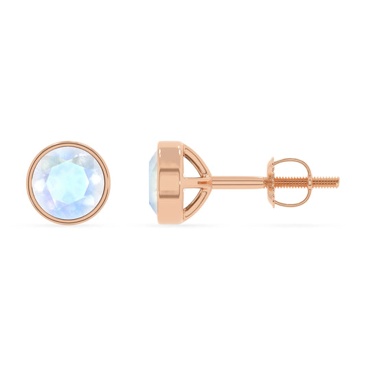 natural rainbow moonstone round stud earrings in rose gold