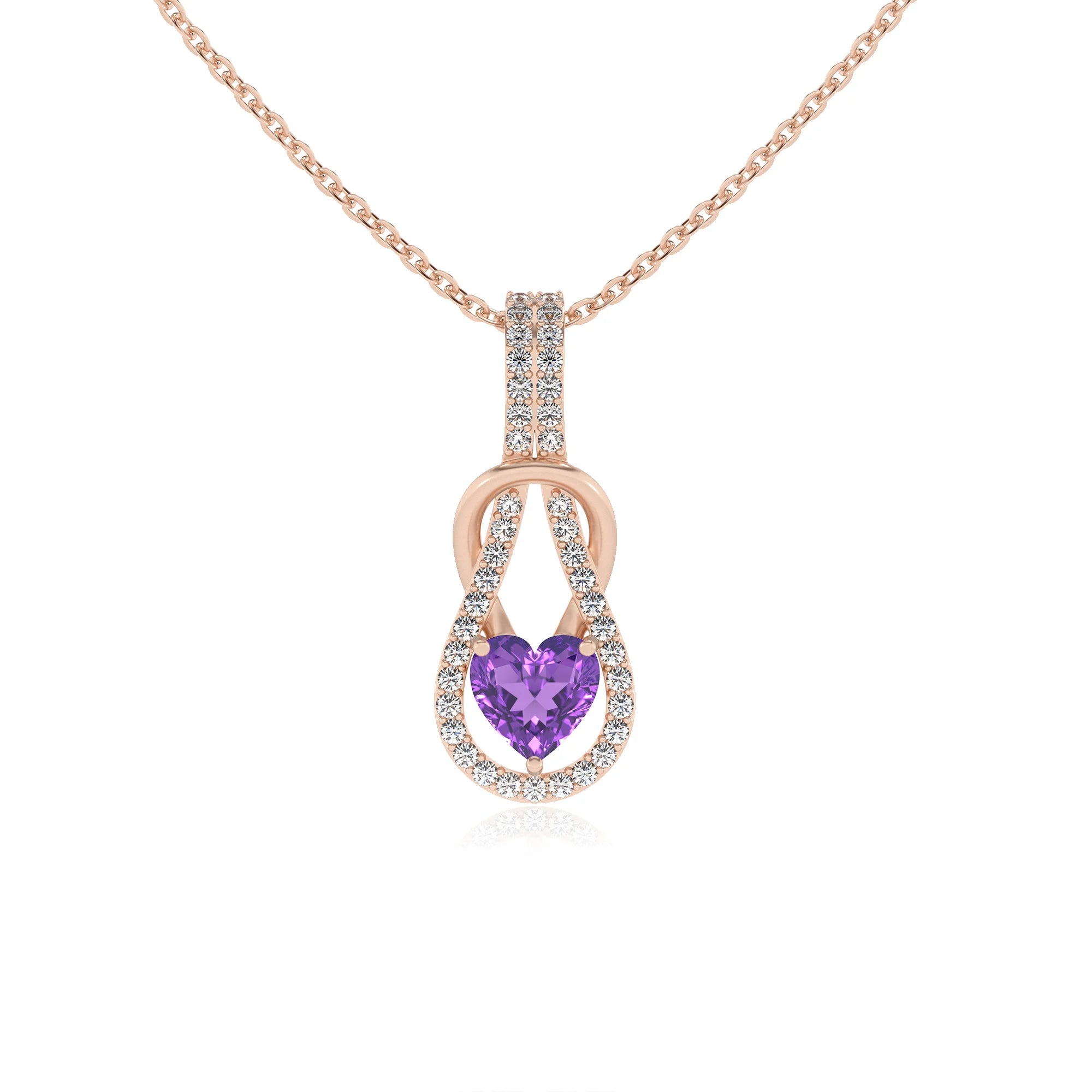 lab grown amethyst heart infinity v-bale necklaces in rose gold