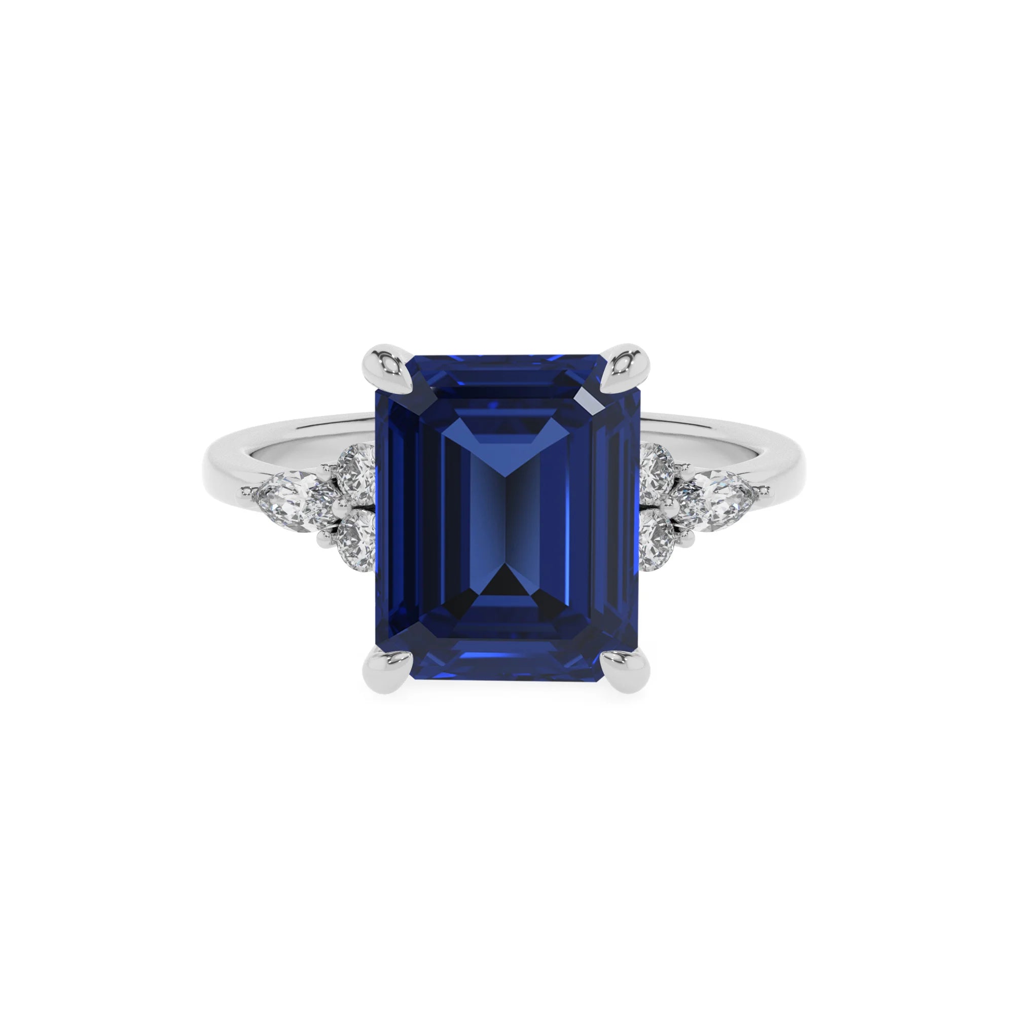 lab grown blue-sapphire emerald cut solitaire rings in white gold