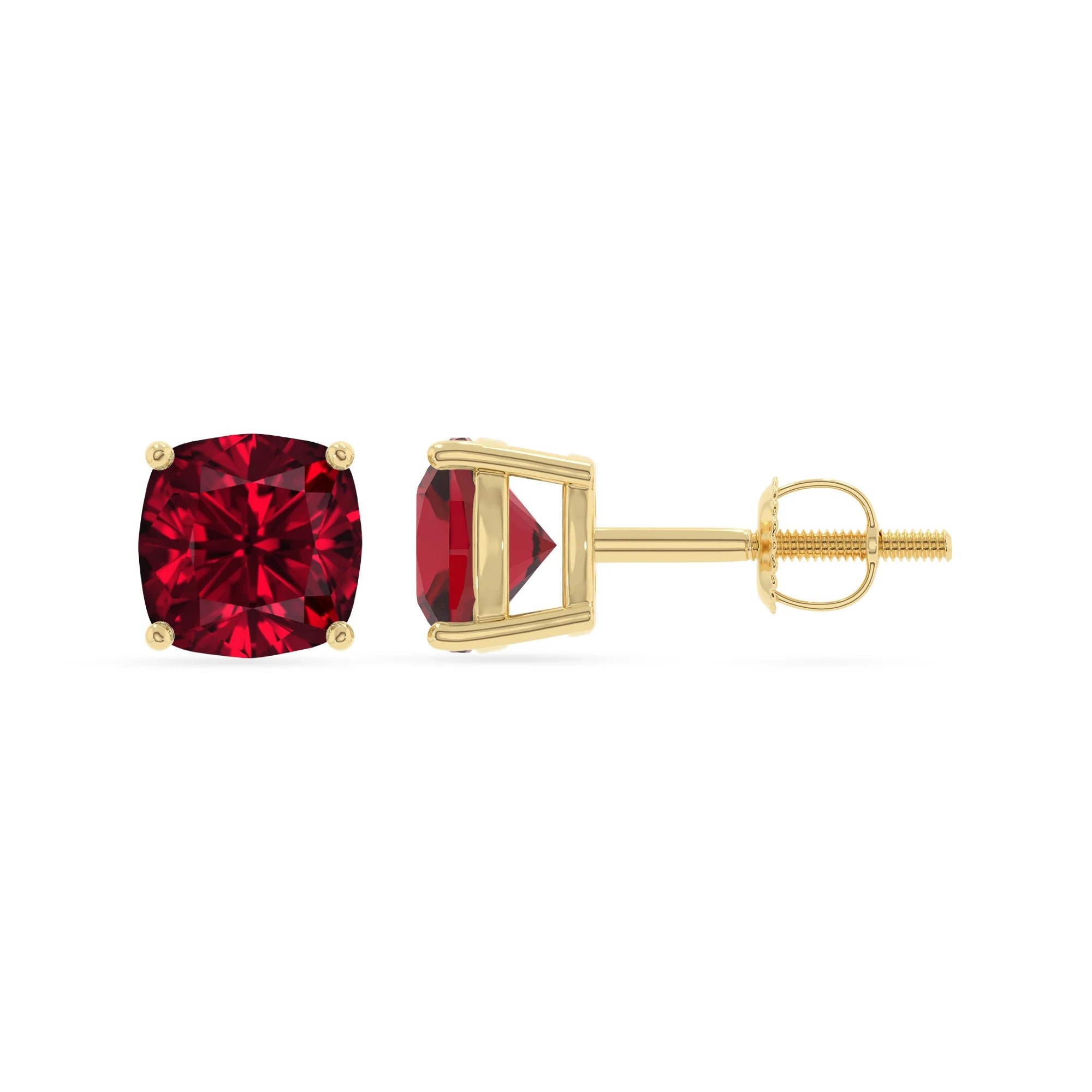 lab grown ruby cushion stud earrings in yellow gold