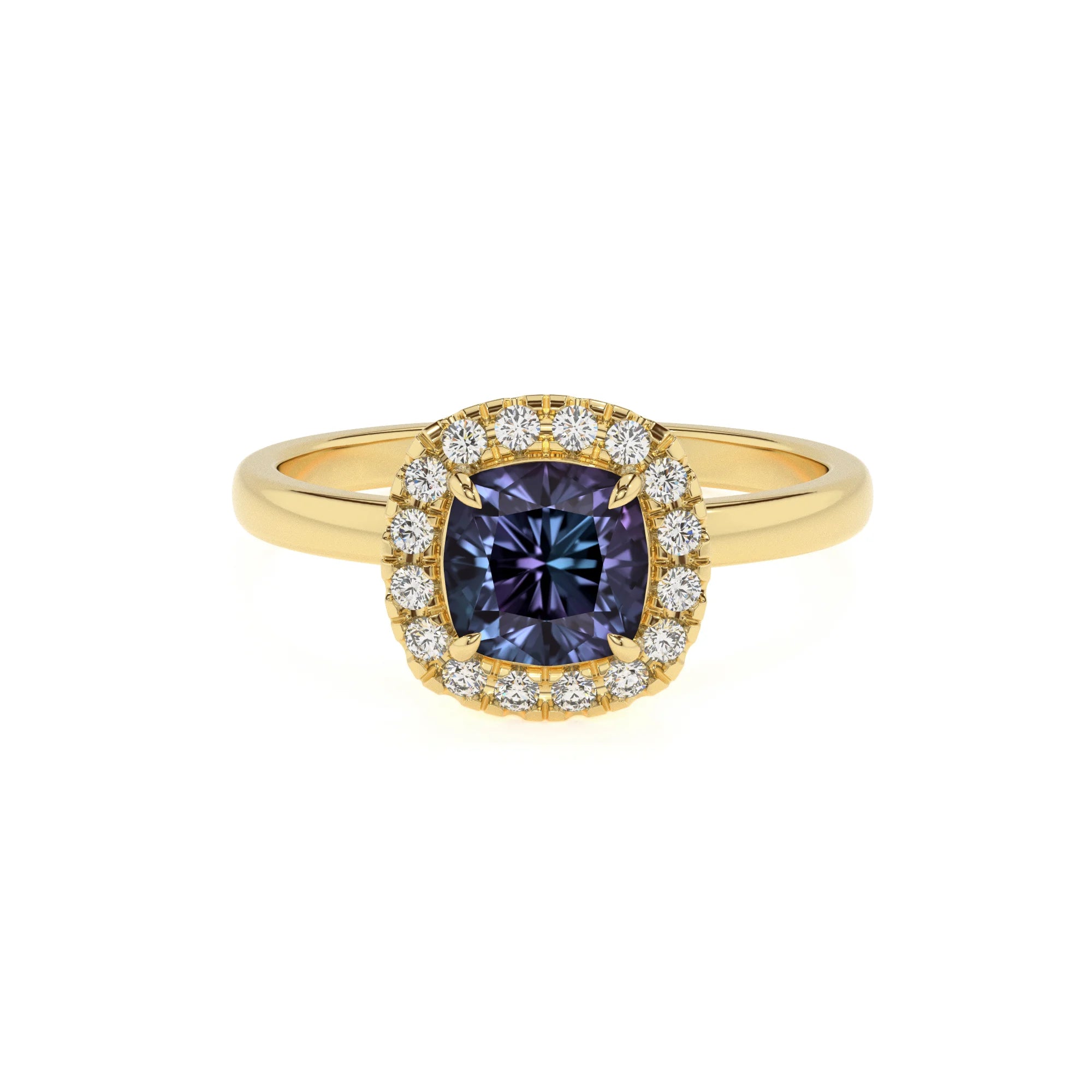 lab grown alexandrite cushion solitaire rings in yellow gold
