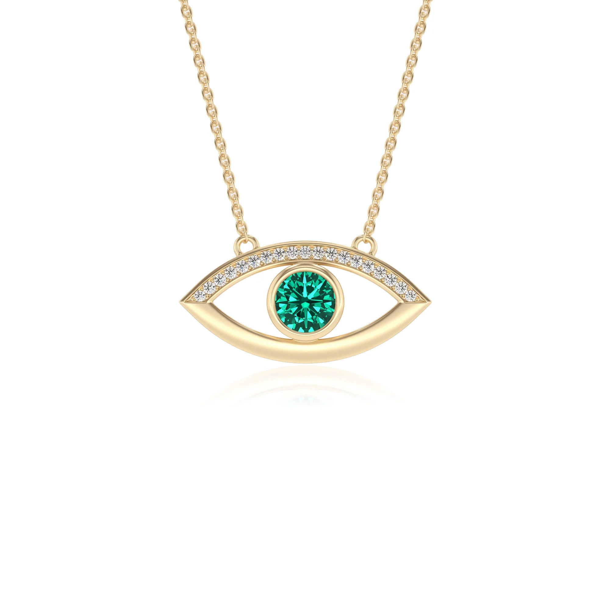 lab grown emerald round solitaire necklaces in yellow gold