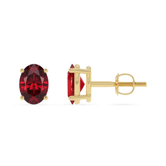 lab grown ruby oval stud earrings in yellow gold