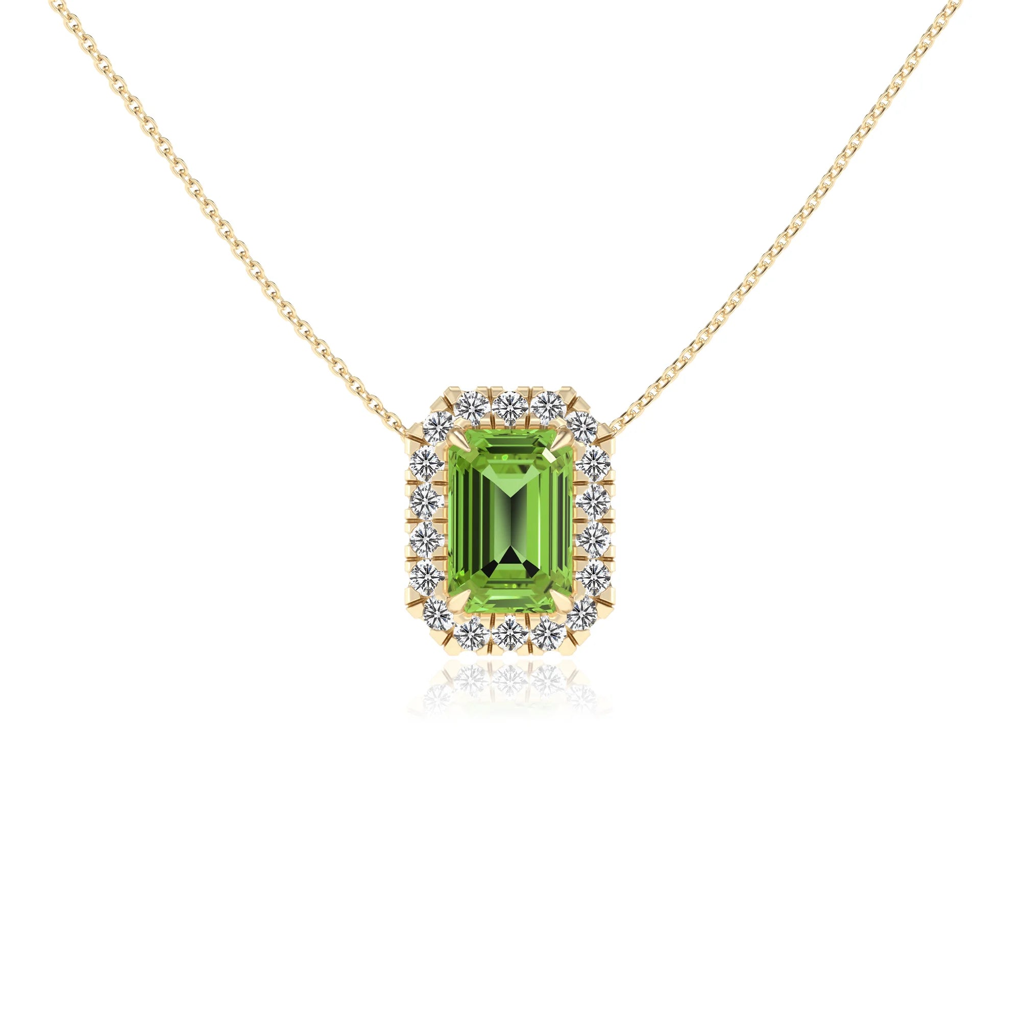 natural peridot emerald cut solitaire necklaces in yellow gold