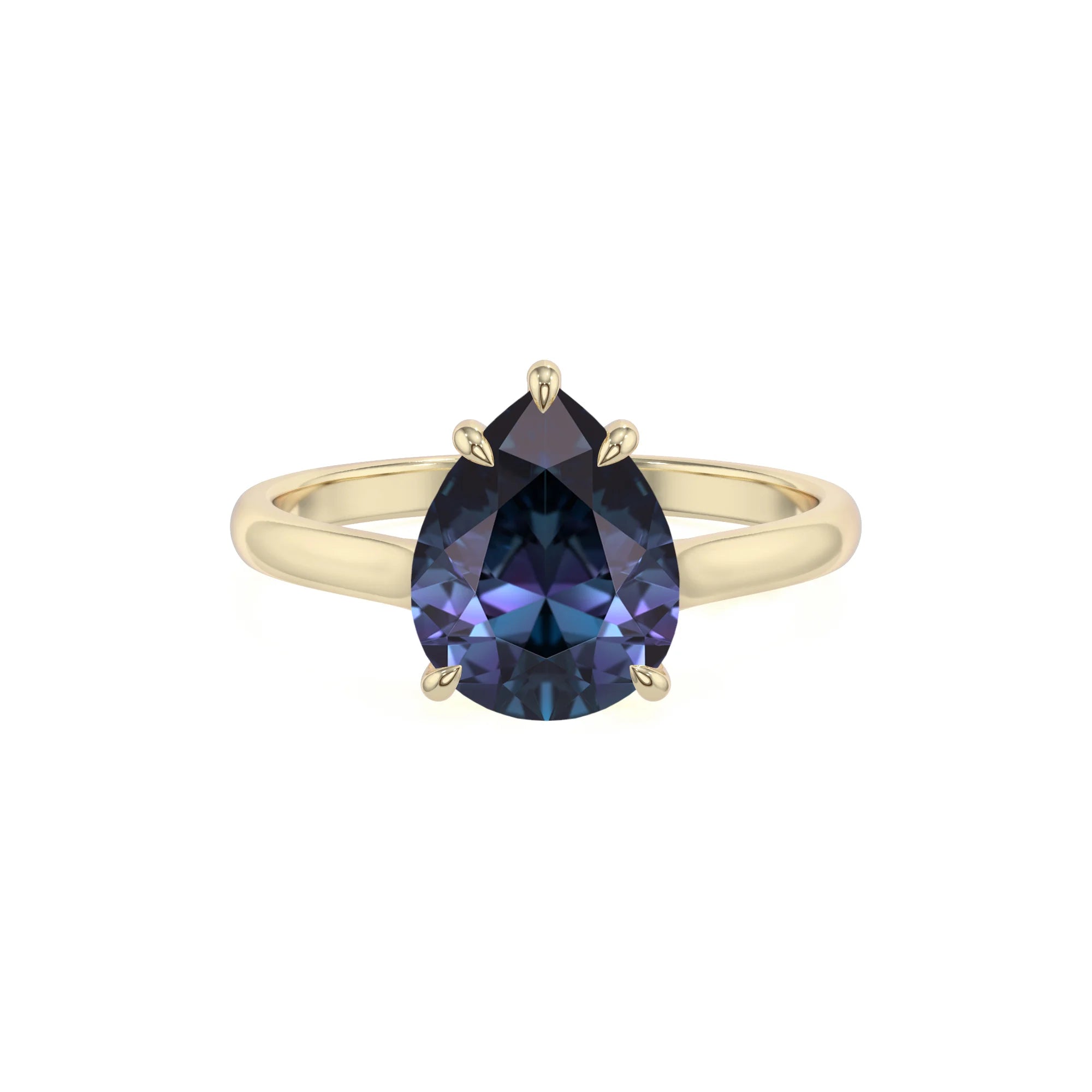 lab grown alexandrite pear solitaire rings in yellow gold