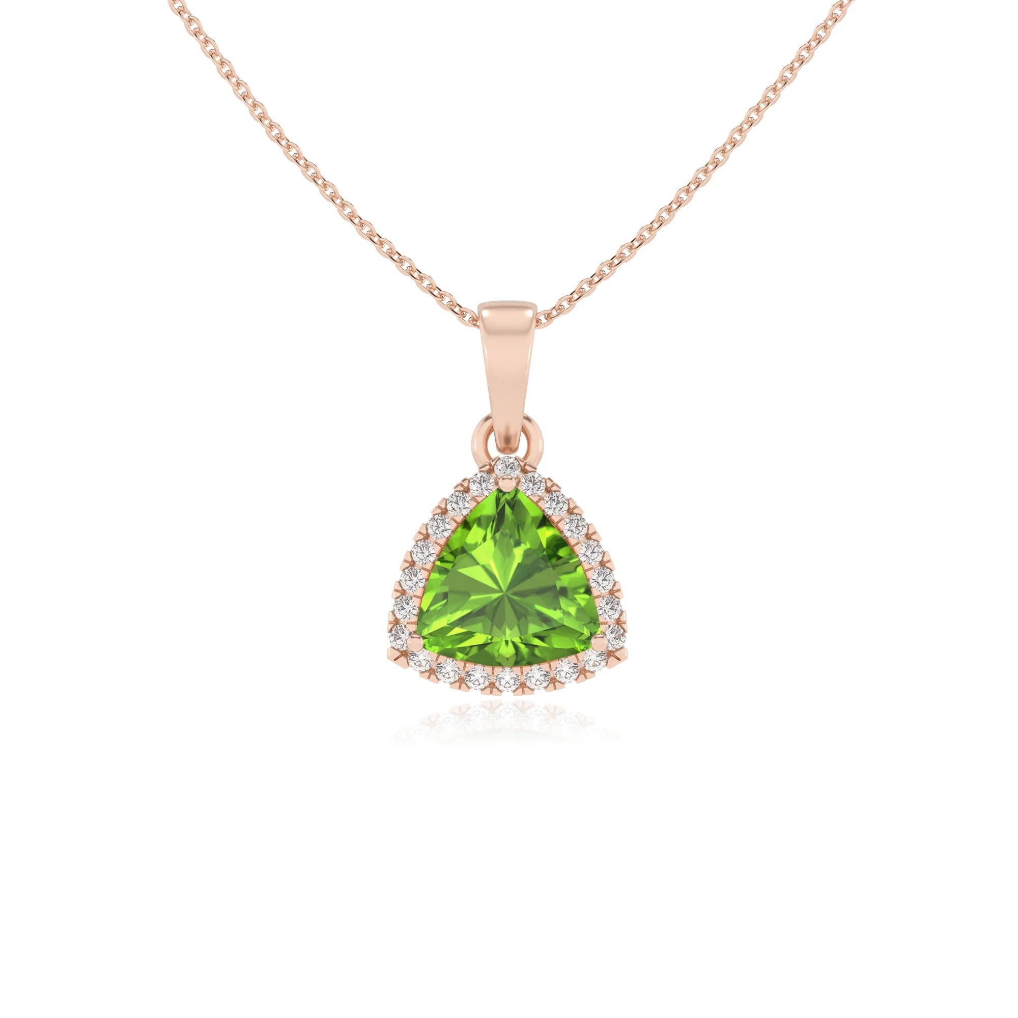 natural peridot trillion solitaire necklaces in rose gold
