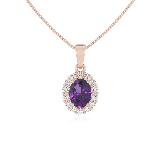 lab grown amethyst oval solitaire necklaces in rose gold