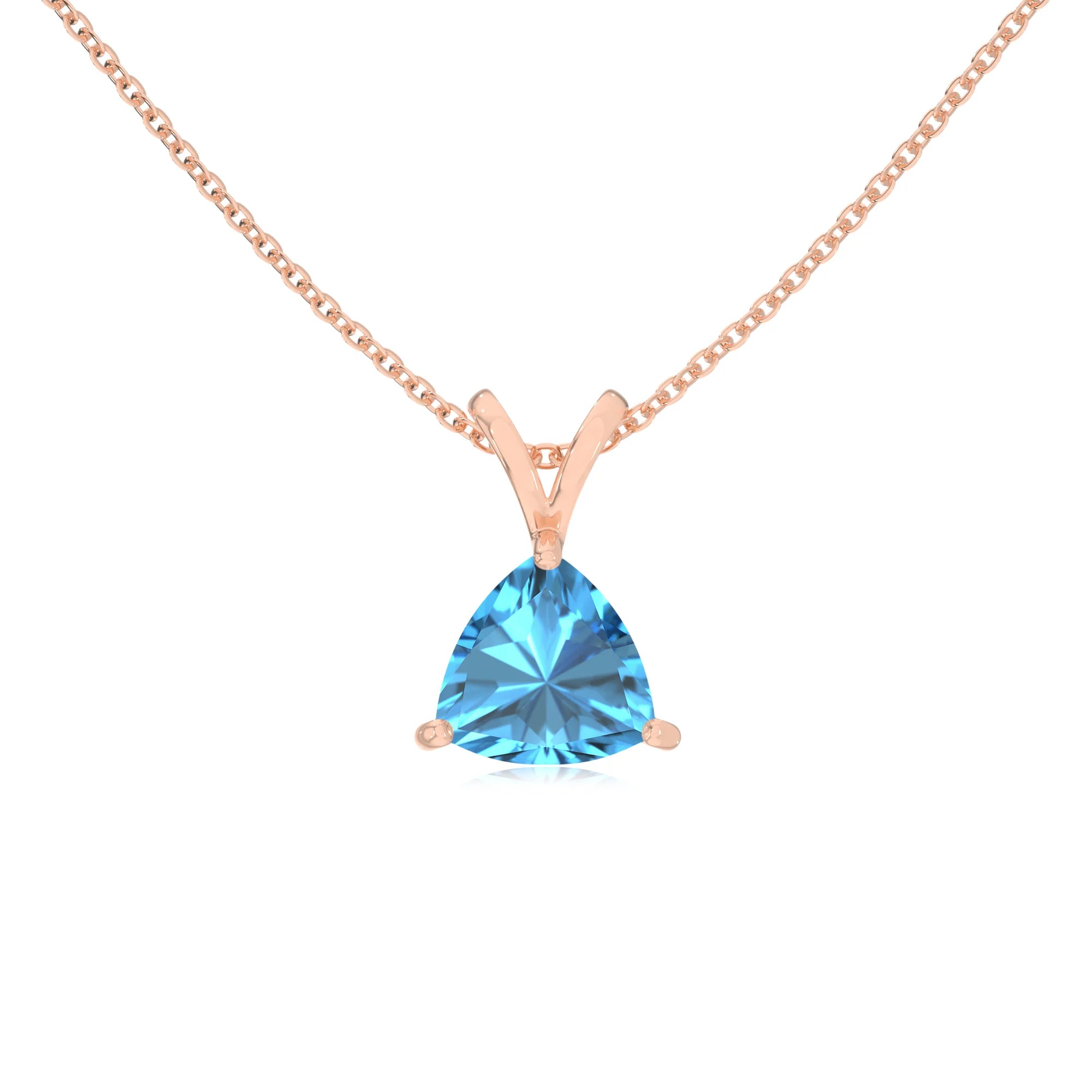 natural swiss-blue-topaz trillion solitaire v-bale necklaces in rose gold