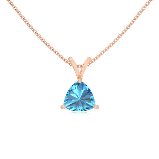 natural swiss-blue-topaz trillion solitaire v-bale necklaces in rose gold