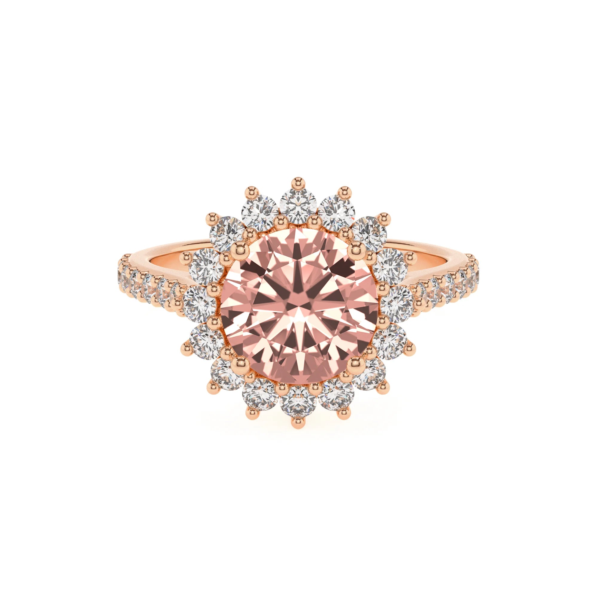 lab grown morganite round solitaire rings in rose gold