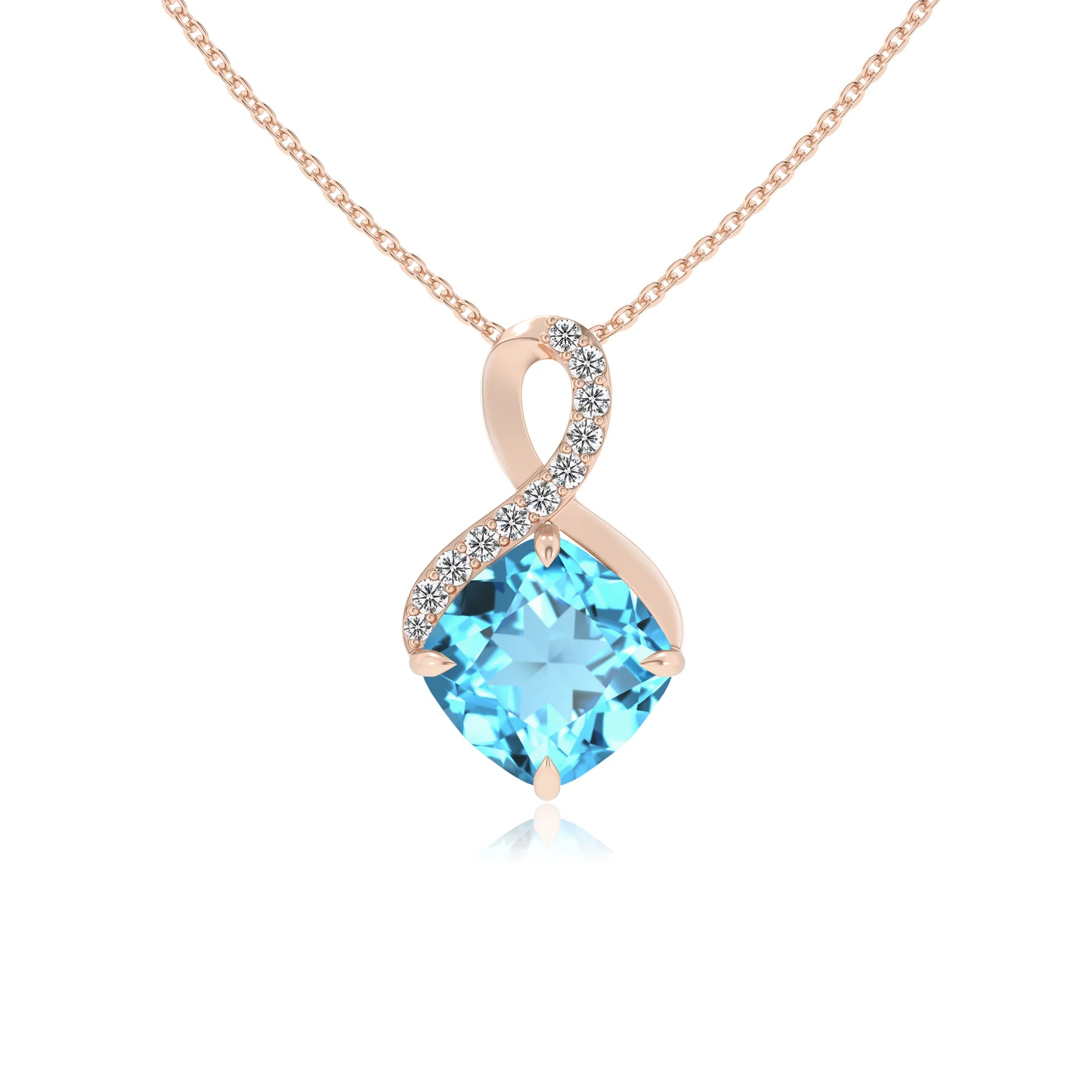 natural swiss-blue-topaz cushion infinity necklaces in rose gold
