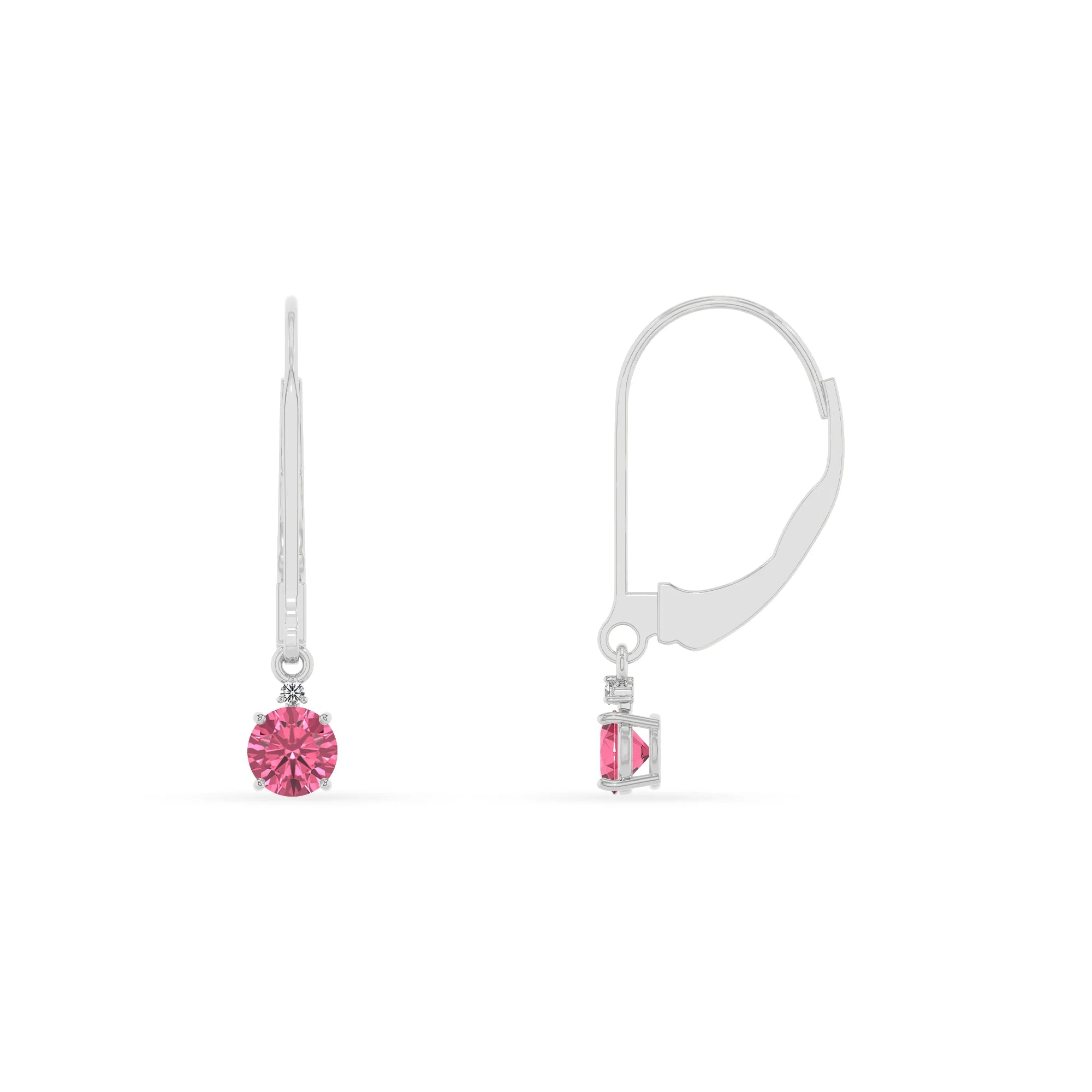 lab grown pink tourmaline round drop earrings in white gold