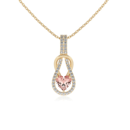 lab grown morganite heart infinity v-bale necklaces in yellow gold