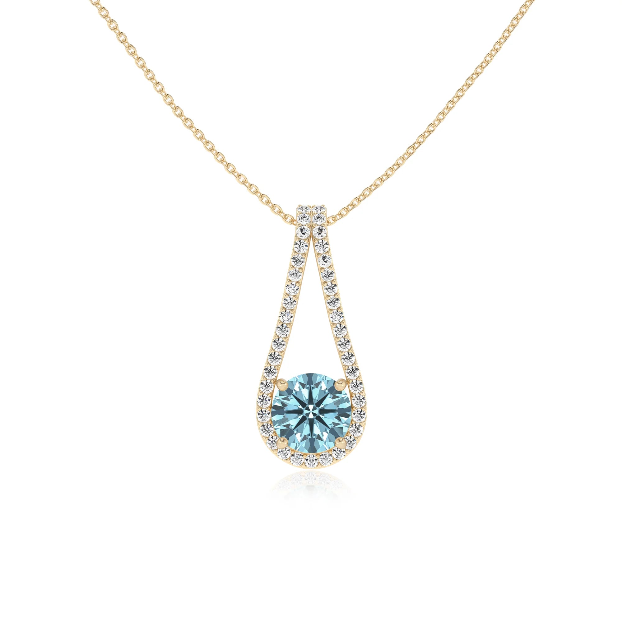 lab grown aquamarine round solitaire v-bale necklaces in yellow gold
