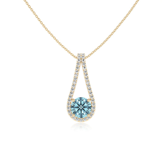 lab grown aquamarine round solitaire v-bale necklaces in yellow gold