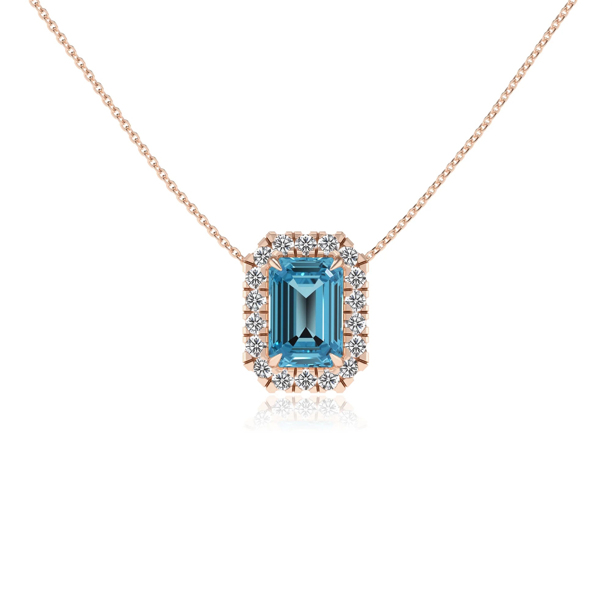 natural swiss blue topaz emerald cut solitaire necklaces in rose gold