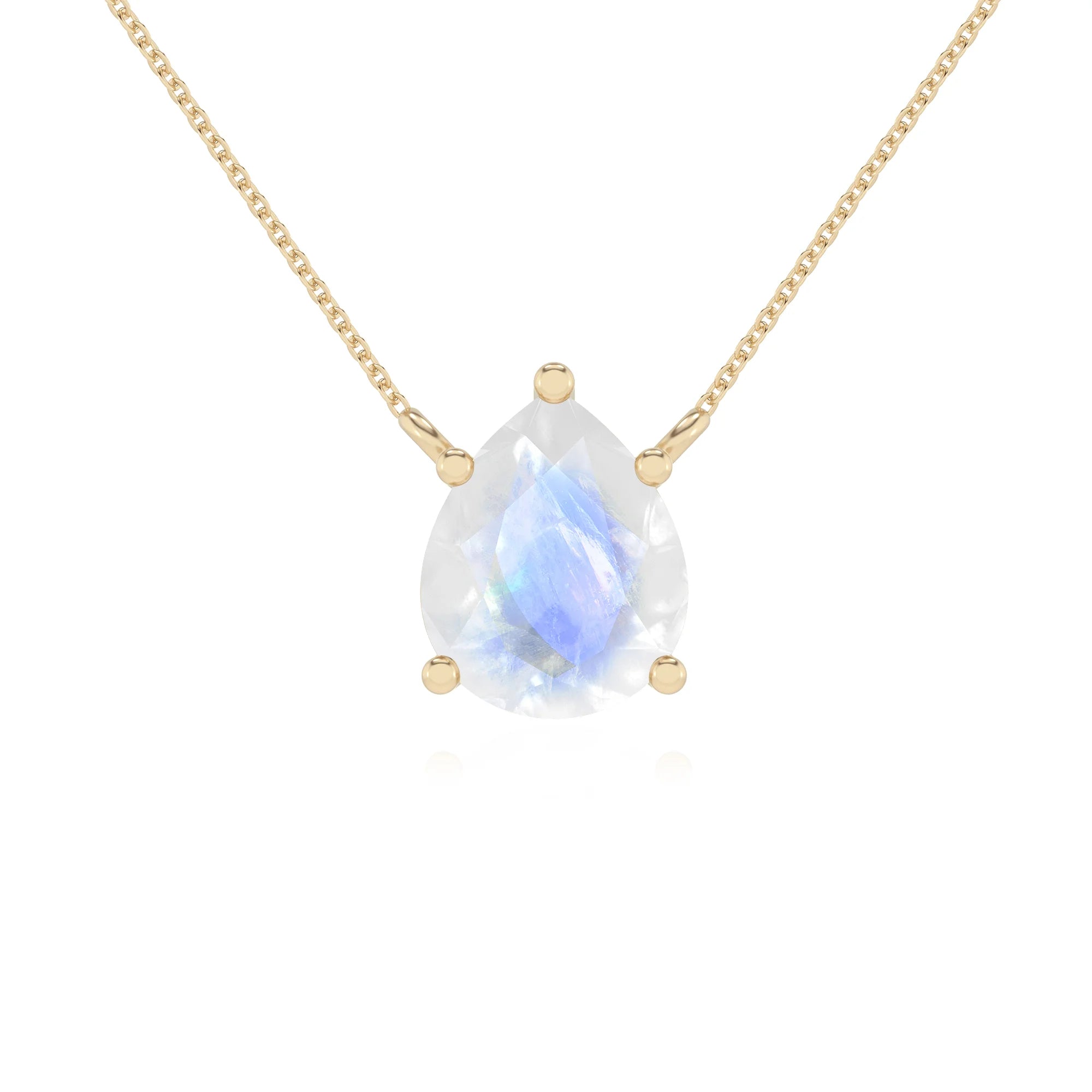 natural rainbow-moonstone pear solitaire necklaces in yellow gold
