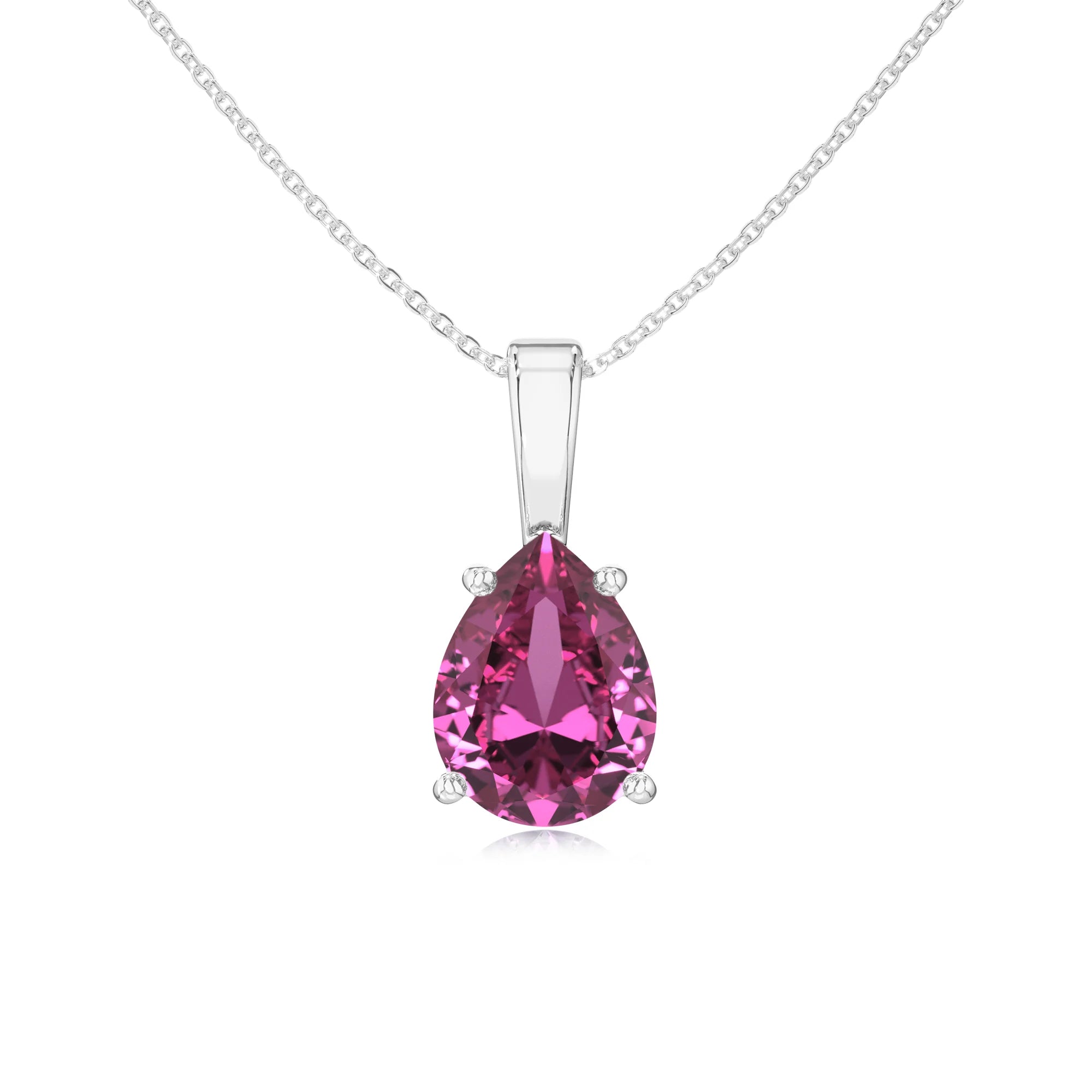lab grown pink-sapphire pear solitaire necklaces in sterling silver