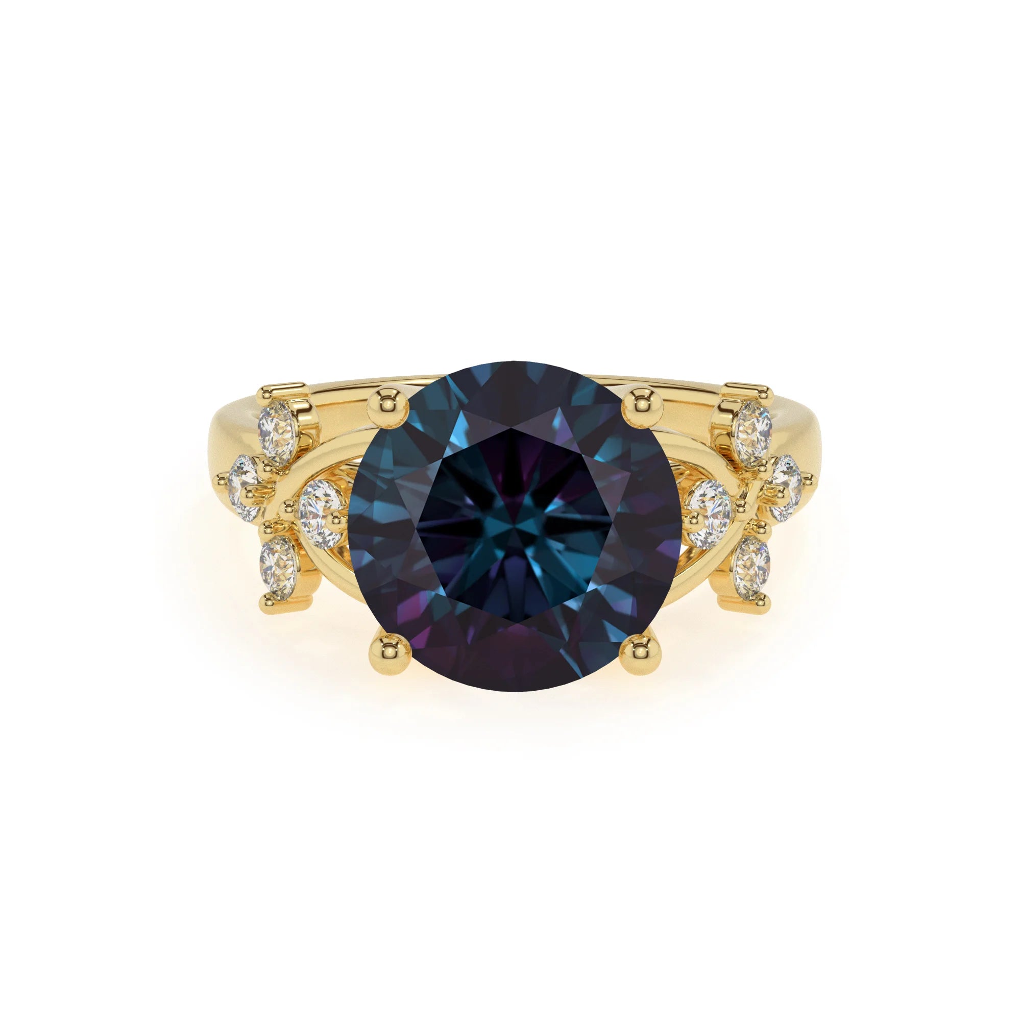 lab grown alexandrite round solitaire rings in yellow gold