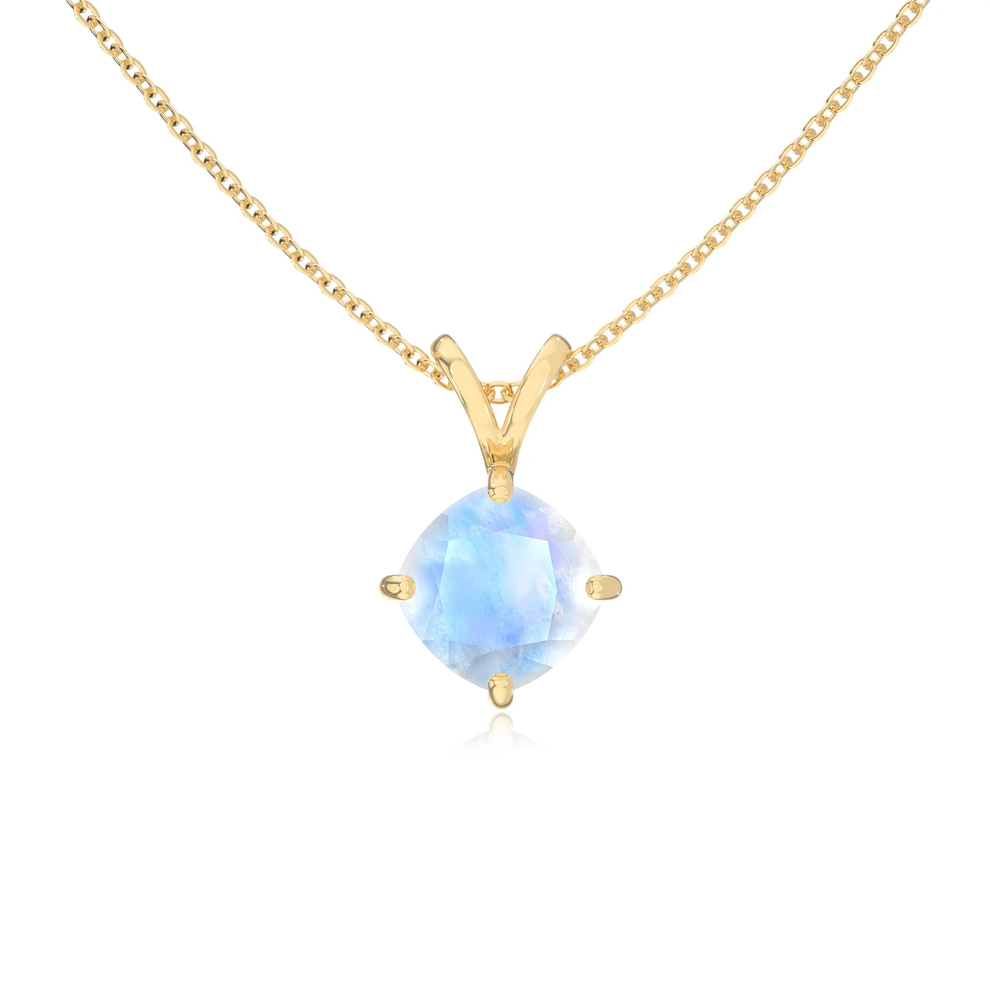 natural rainbow-moonstone cushion solitaire v-bale necklaces in yellow gold
