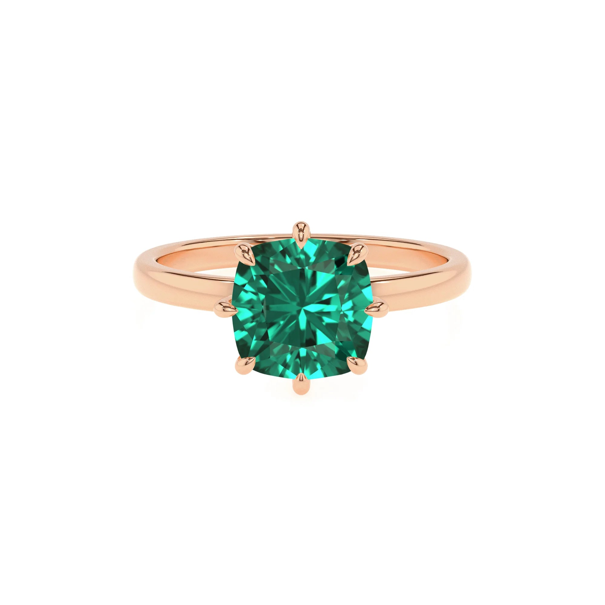lab grown emerald cushion solitaire rings in rose gold